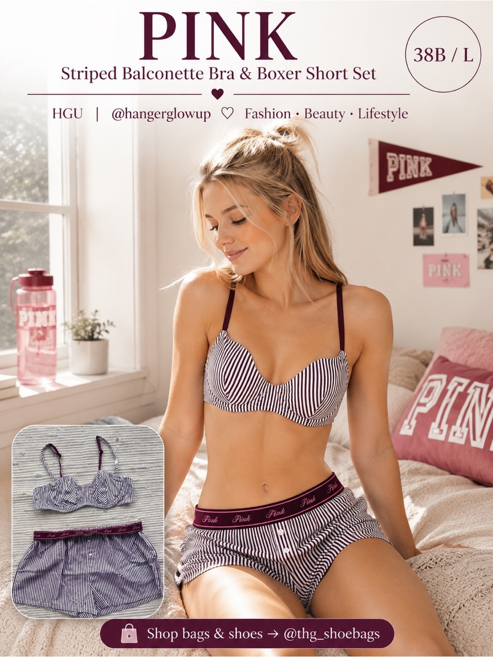 PINK Victoria’s Secret Striped Balconette Bra & Fold-Over Boxer Set 38B/L